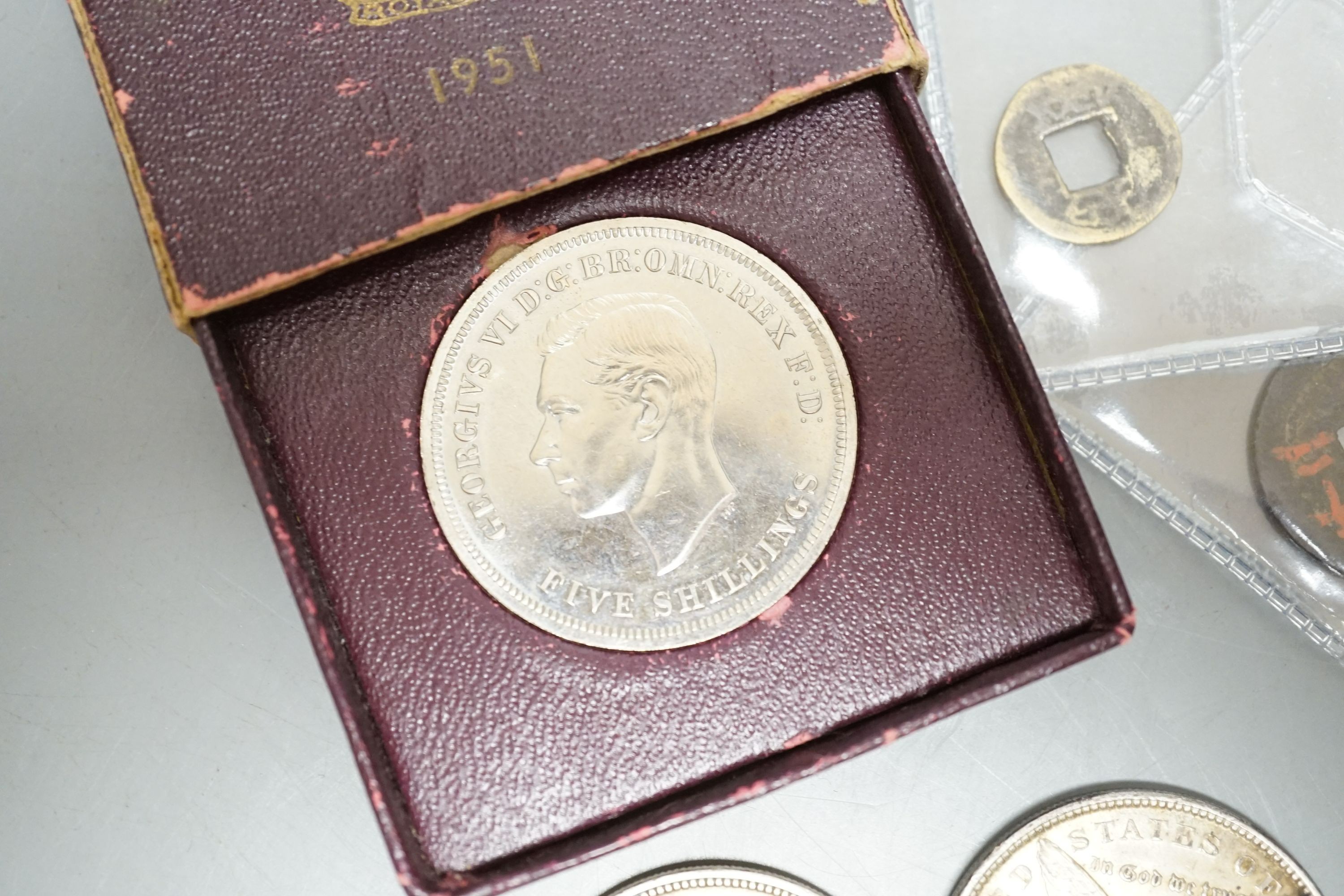 US, Chinese and UK coins including two Morgan dollars (1921D and 1889)